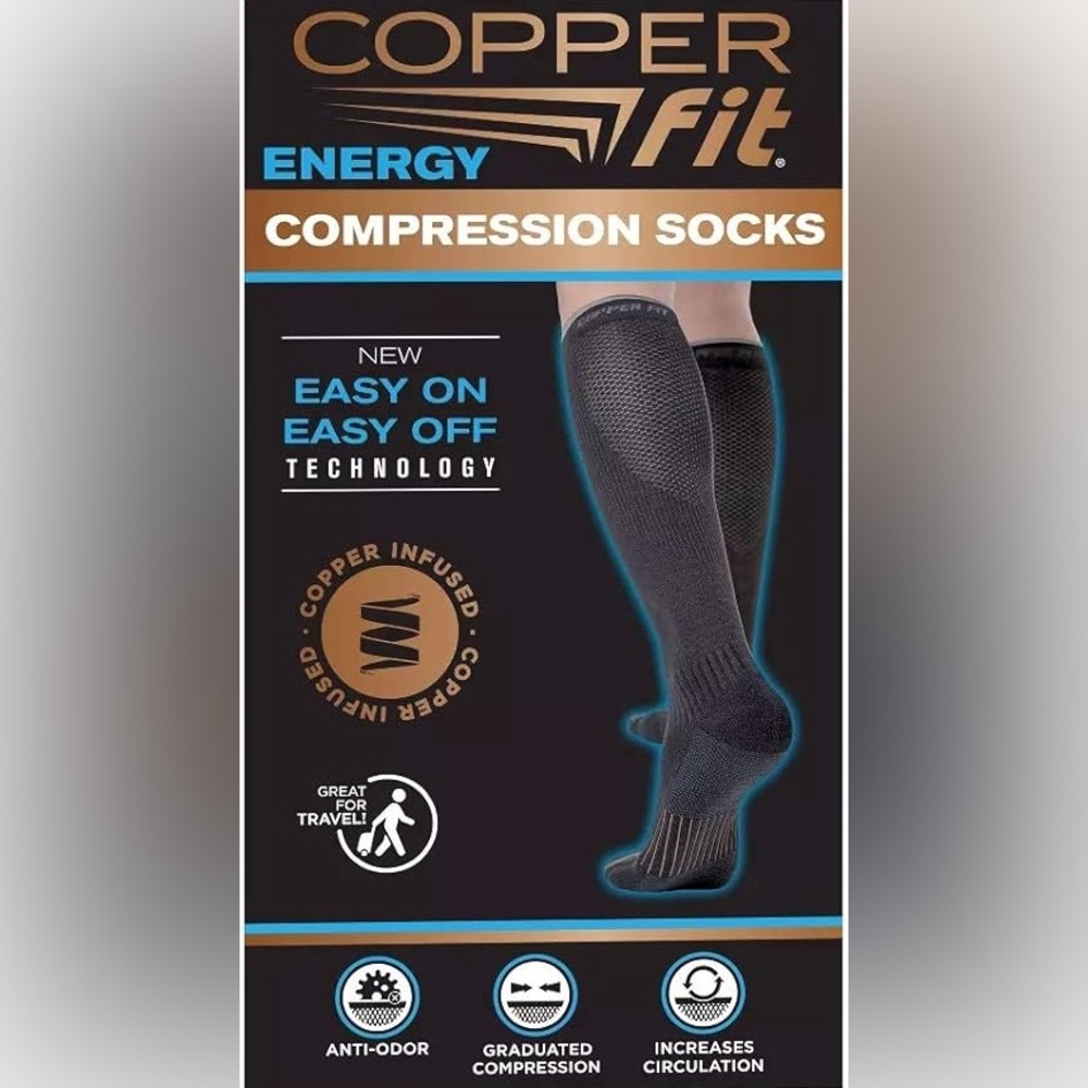 Copper Fit Energy Compression Socks Unisex Easy On/Off Black Size S/M or L/XL